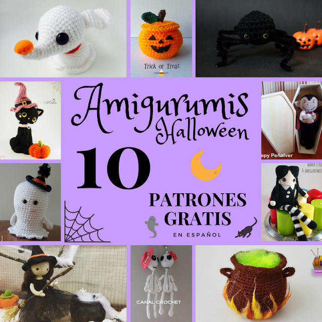 amigurumi patron gratis español halloween fantasma amigurumi araña crochet vampiro dracula miercoles addams tejer muñeca cuadrada esqueletos catrina muñeca bruja caldero gato negro calabaza kawaii arte friki