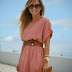 Pastel Pink Dress With Brown Belt And Handbag