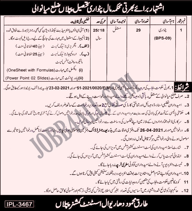 Latest Jobs 2021 Advertisement for Patwari in Maal Department Mianwali