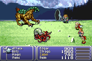 Edgar uses the Noise Blaster Tool in Final Fantasy VI.