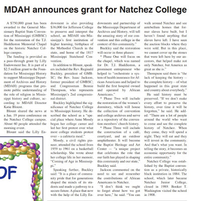 MDAH announces grant for Natchez College