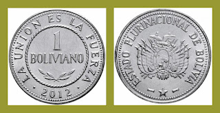 B4 BOLIVIA 1 BOLIVIANO COIN UNC (2010-2017)
