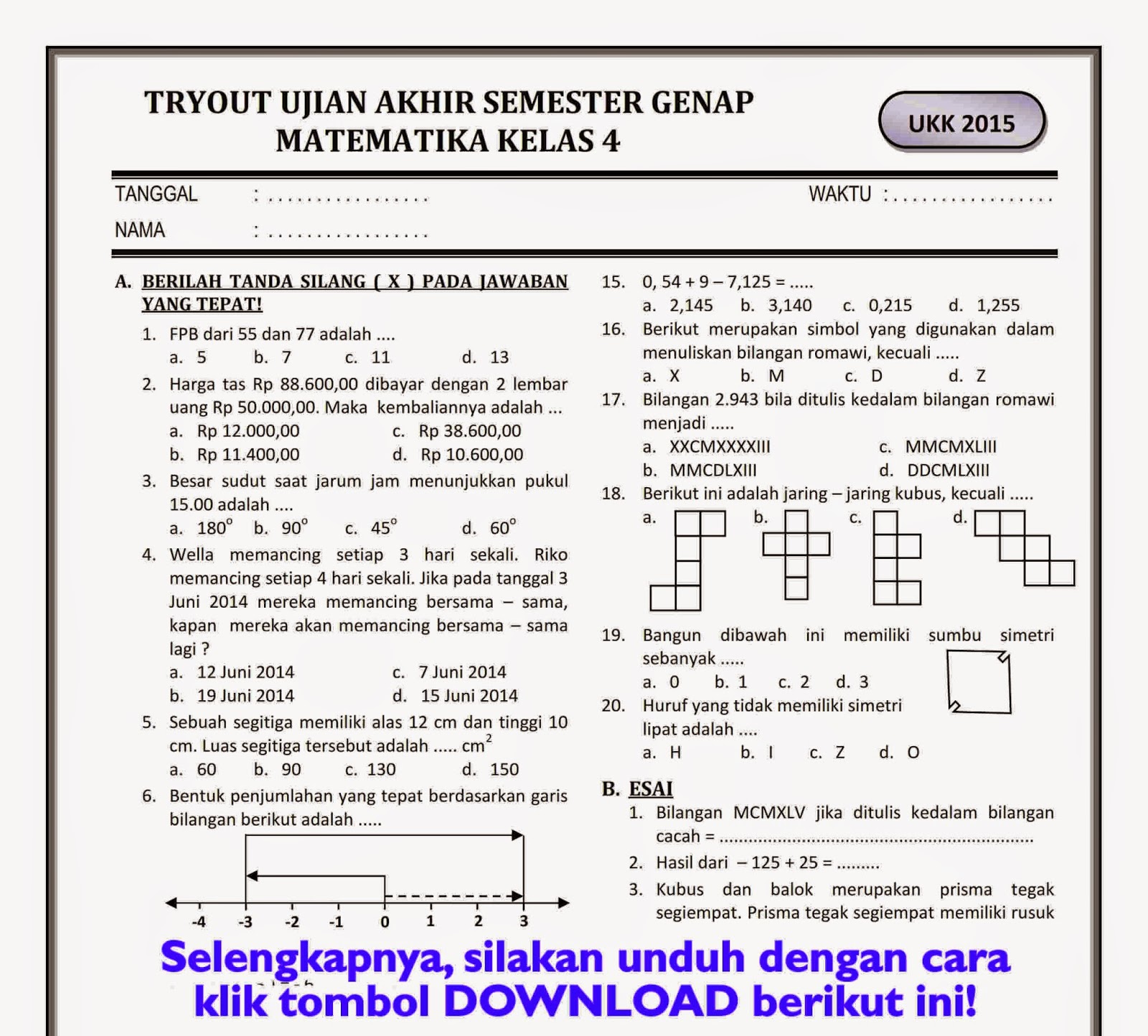 Download Soal UKK Kelas 4 SD Semester Genap Part 2 Work Rief Awa Blog