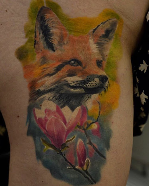 Tattoo design of an fox head and a beautiful pink flower