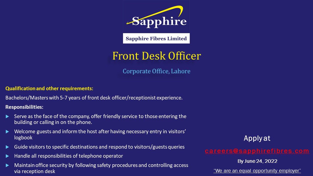 Sapphire Fibres Ltd Jobs For Front Desk Officer