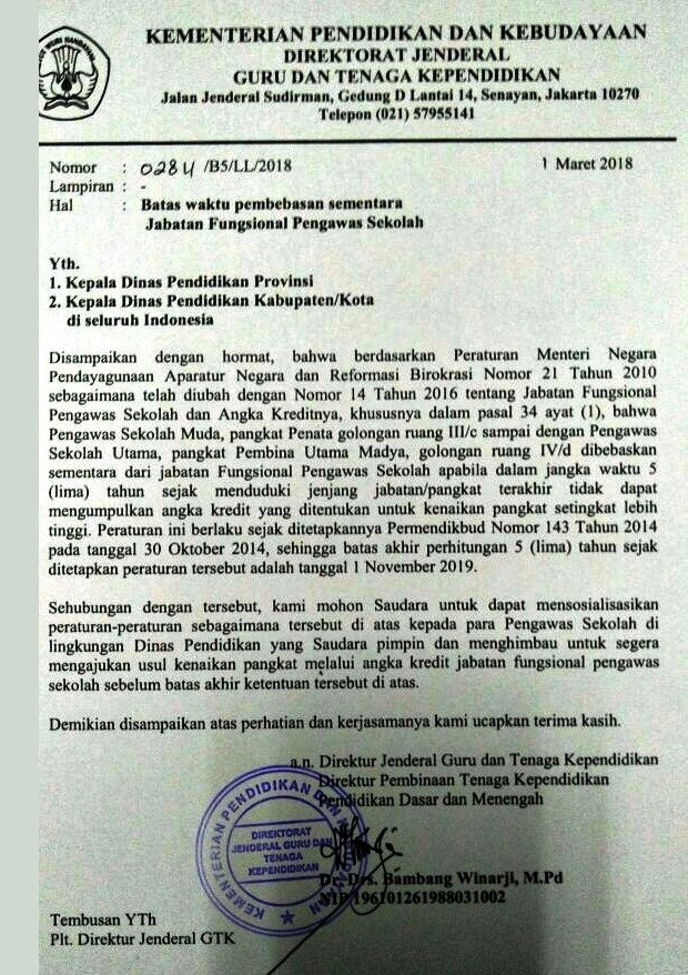 Edaran Dirjen Gtk Tentang Pembebasan Sementara Jabatan Fungsional Pengawas Sekolah Berlaku Efektif Mulai 1 November 2019
