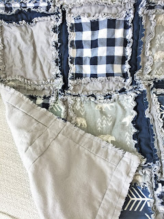 Navy blue and gray bear baby crib bedding and rag quilt