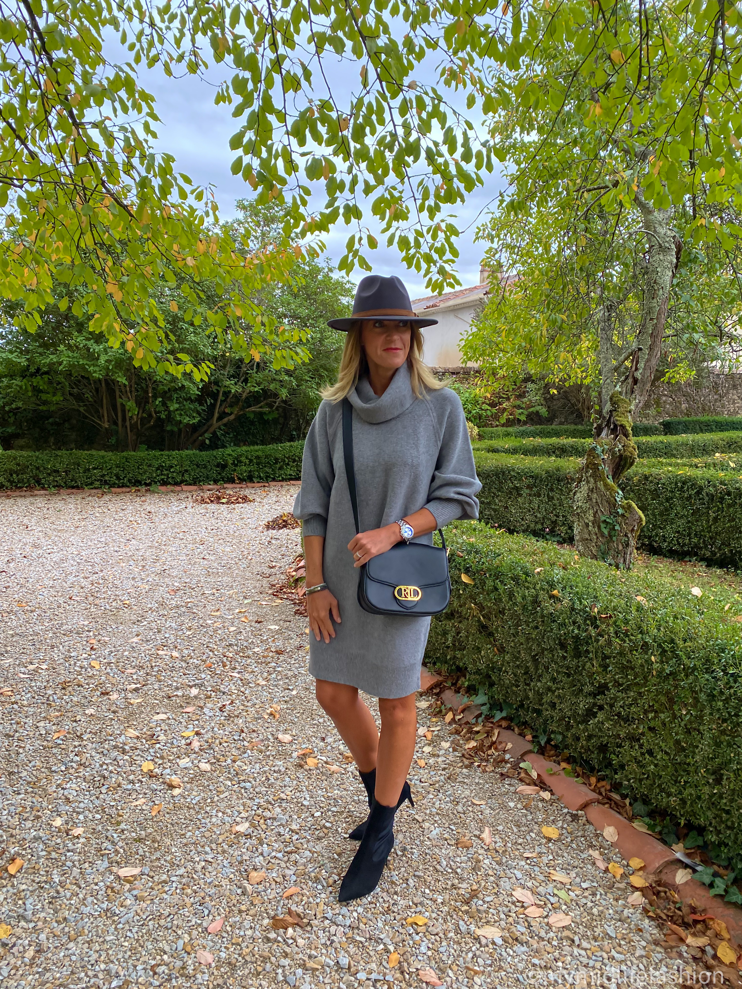 my midlife fashion, amazon fedora hat, phase eight suede sock boot, Lauren Ralph Lauren Addie bag, phase eight dahlia knitted jumper dress