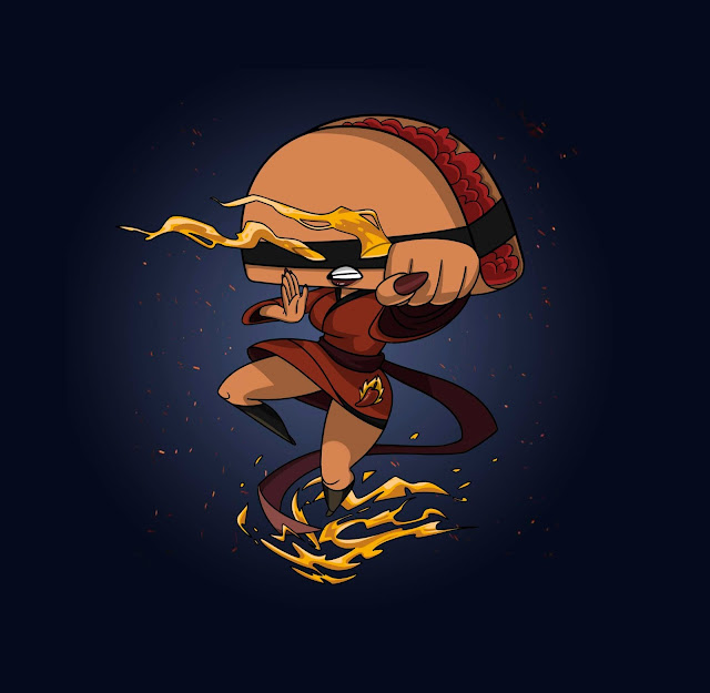 A feminine ninja with a taco for a head and flames shooting out of the eyes and around the feet.