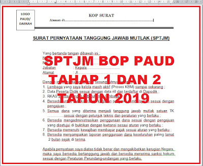 Surat Pernyataan Tanggung Jawab Mutlak (SPTJM) BOP PAUD Tahap 1 dan 2 Tahun 2019