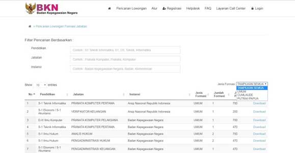 pencarian formasi pendaftaran cpns