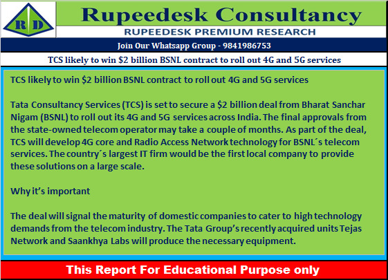 TCS likely to win $2 billion BSNL contract to roll out 4G and 5G services - Rupeedesk Reports - 04.10.2022