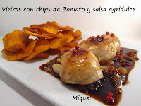 Vieiras con chips de Boniato y salsa agridulce