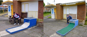 Minigolf explorer Richard Gottfried sat outside the closed Crazy Golf course hut in Skegness in May 2011 and May 2015