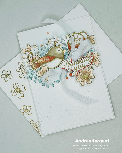 Show someone you are thinking of them with a personally created card using Calypso Coral, Bird’s Eye View, Petal Park and Gorgeously Made.