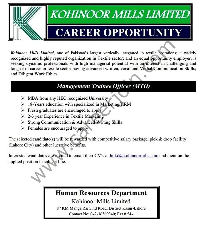 Kohinoor Mills Limited Jobs Advertisement 2023