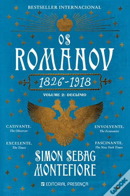 Na capa de um fundo azul profundo, destaca-se uma imponente coroa dourada adornada com detalhes intricados e o símbolo da dinastia dos Romanov. A combinação de cores e elementos simbólicos reflete a grandiosidade e o declínio da família real russa, abordados de forma magistral por Simon Sebag Montefiore em seu livro "Os Romanov volume 2: Declínio". Uma imagem que evoca poder, tragédia e toda a pompa e circunstância da história dos últimos monarcas da Rússia.