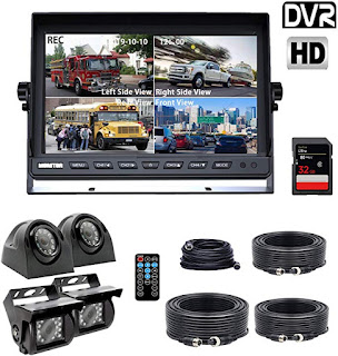 Backup Camera System, DOUXURY 4 Split Screen 9'' Quad View Display HD 1080P Monitor with DVR Recording Function, IP69 Waterproof Night Vision Camera x 4 for Truck Trailer Heavy Box Truck RV Camper Bus