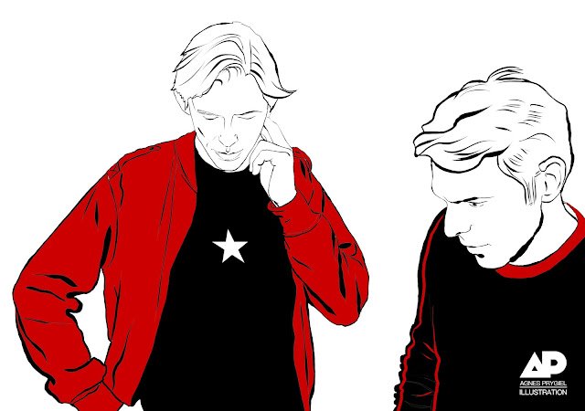 Groove Armada duo Andy Cato and Tom Findlay digital ink illustration in black and red by A. Prygiel