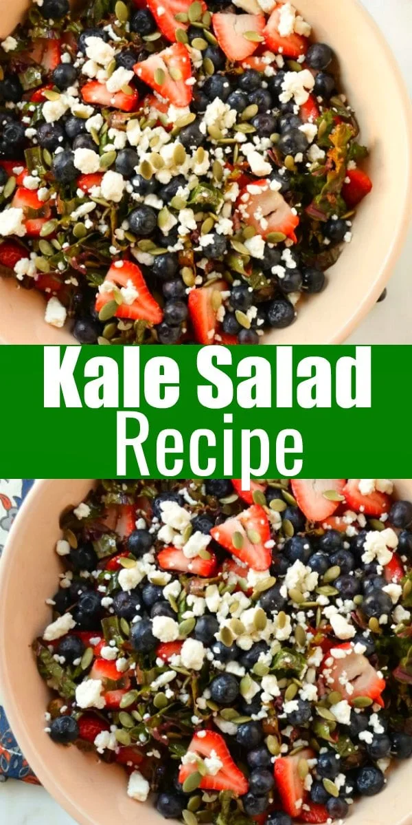 Kale Salad is so delicious filled with strawberries, blueberries, pepita pumpkin seeds, and feta. It's a delicious salad for Easter and an all time favorite Kale Salad from Serena Bakes Simply From Scratch.