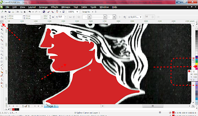 Ok aí está o nosso primeiro contorno desse trabalho com a imagem. Clique com o mouse sobre o contorno e depois com o botão esquerdo do mouse sobre a paleta de cor no vermelho para preencher.