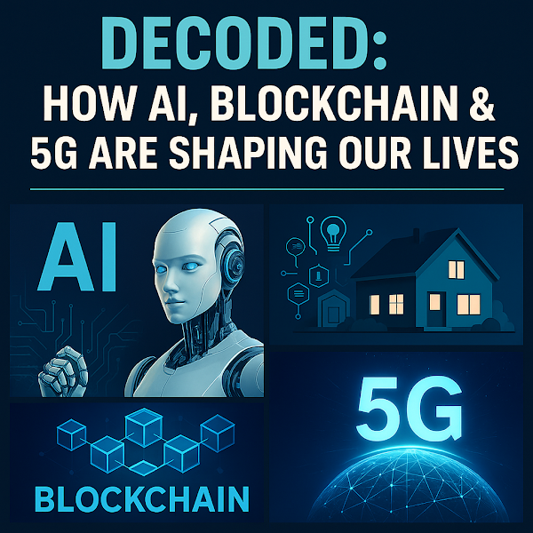 Futuristic tech graphic showing AI robot, blockchain network, 5G globe, and smart home under the title 'Decoded: How AI, Blockchain & 5G Are Shaping Our Lives'.