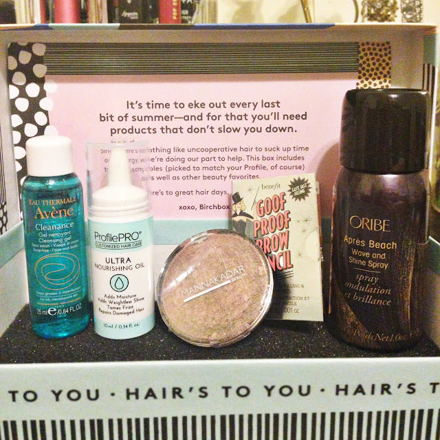 Birchbox August 2016 Avene Cleanance Gel ProfilePRO Ultra Nourishing Oil Manna Kadar Fantasy 3 in 1 Benefit Goof Proof Brow Pencil Oribe Apres Beach Wave and Shine Spray