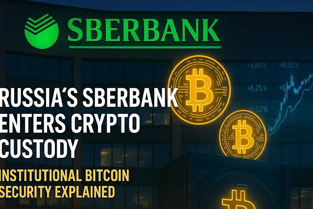 Sberbank headquarters at dusk with glowing Bitcoin symbols, a crypto price chart, and a secure vault — visualizing institutional crypto custody in Russia.