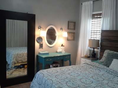 Rustic headboard nightstand teal white ikea mirror vanity