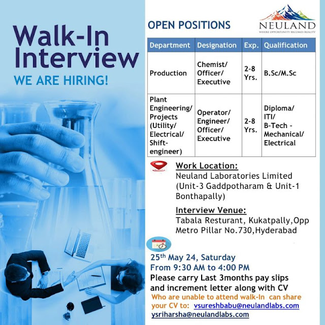 Neuland Laboratories Walk In Interview For Production and Engineering/ Projects Utility/ Electrical