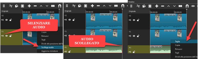 silenziare o scollegare audio da una clip su Shotcut