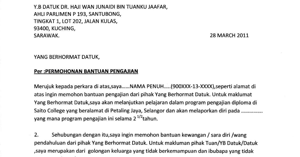 Contoh Surat Sokongan Permohonan Bantuan Kewangan