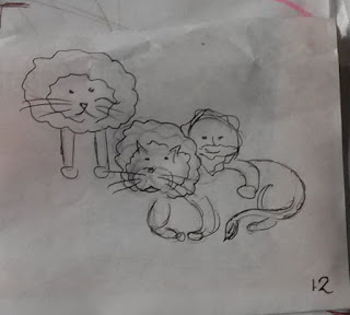 Sketch of Daniel in the lion's den, but the lions look too much like pet cats