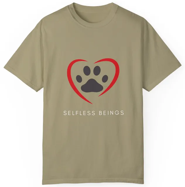 Unisex Garment Dyed T-shirt With Graphic of Curvy Heart Boundaries Contain Dog Paw Print and Caption Selfless Beings Below.