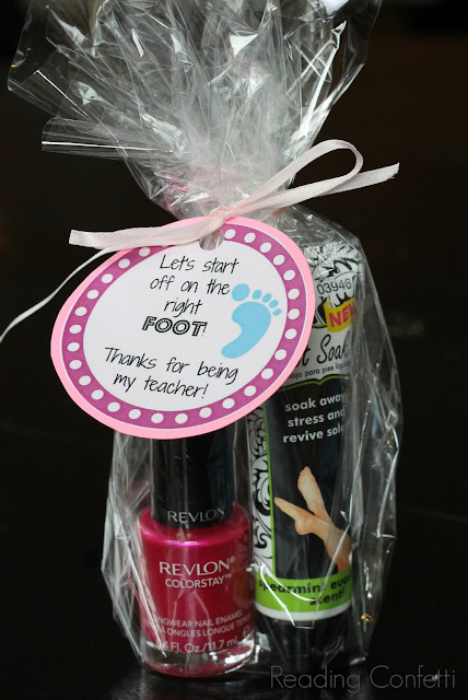 Nail polish and foot lotion make a great back to school gift for teachers when paired with a cute printable tag.