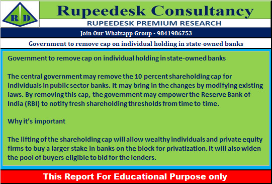 Government to remove cap on individual holding in state-owned banks - Rupeedesk Reports - 11.07.2022