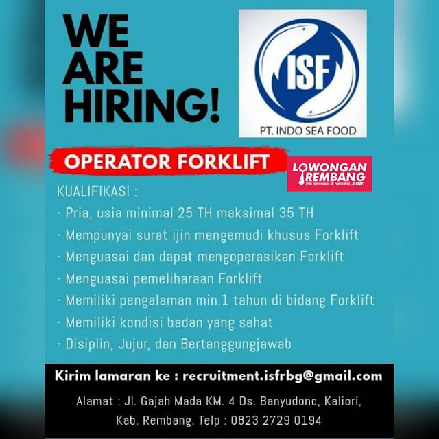 Lowongan Kerja Operator Forklift PT Indo Sea Food Rembang Tanpa Syarat Pendidikan