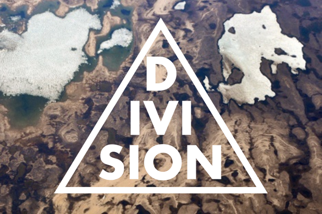 Image of an aerial view over a landmass with the word division written on it. 