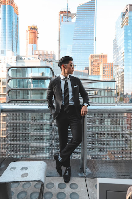 Leo Chan wearing Todd Snyder Business Professional Black Suit, Ulysse Nardin Freak Out Watch | Asian Male Model