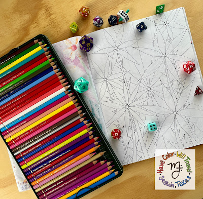 An uncolored floral coloring page lies flat on a wooden surface surrounded by dice and a large collection of colored pencils.