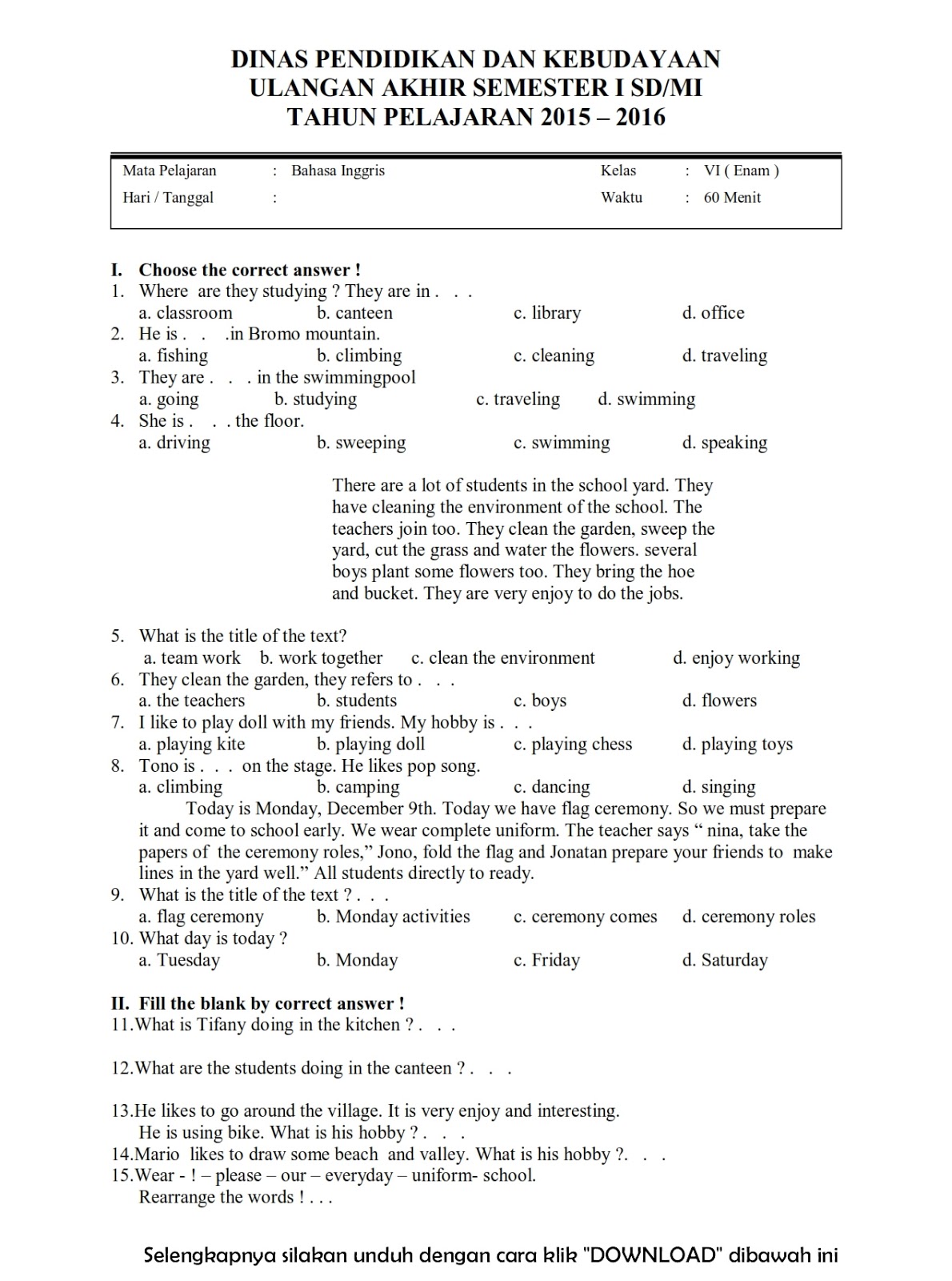 Soal Bahasa Inggris Untuk Sd Kelas 1 Semester 2 - mixehound