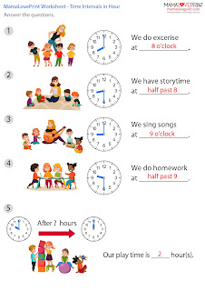 MamaLovePrint . Grade 1 Math Worksheets . Telling Time (Time Interval - hour) . Learning Time PDF Free Download (With Answer) 小一英文數學