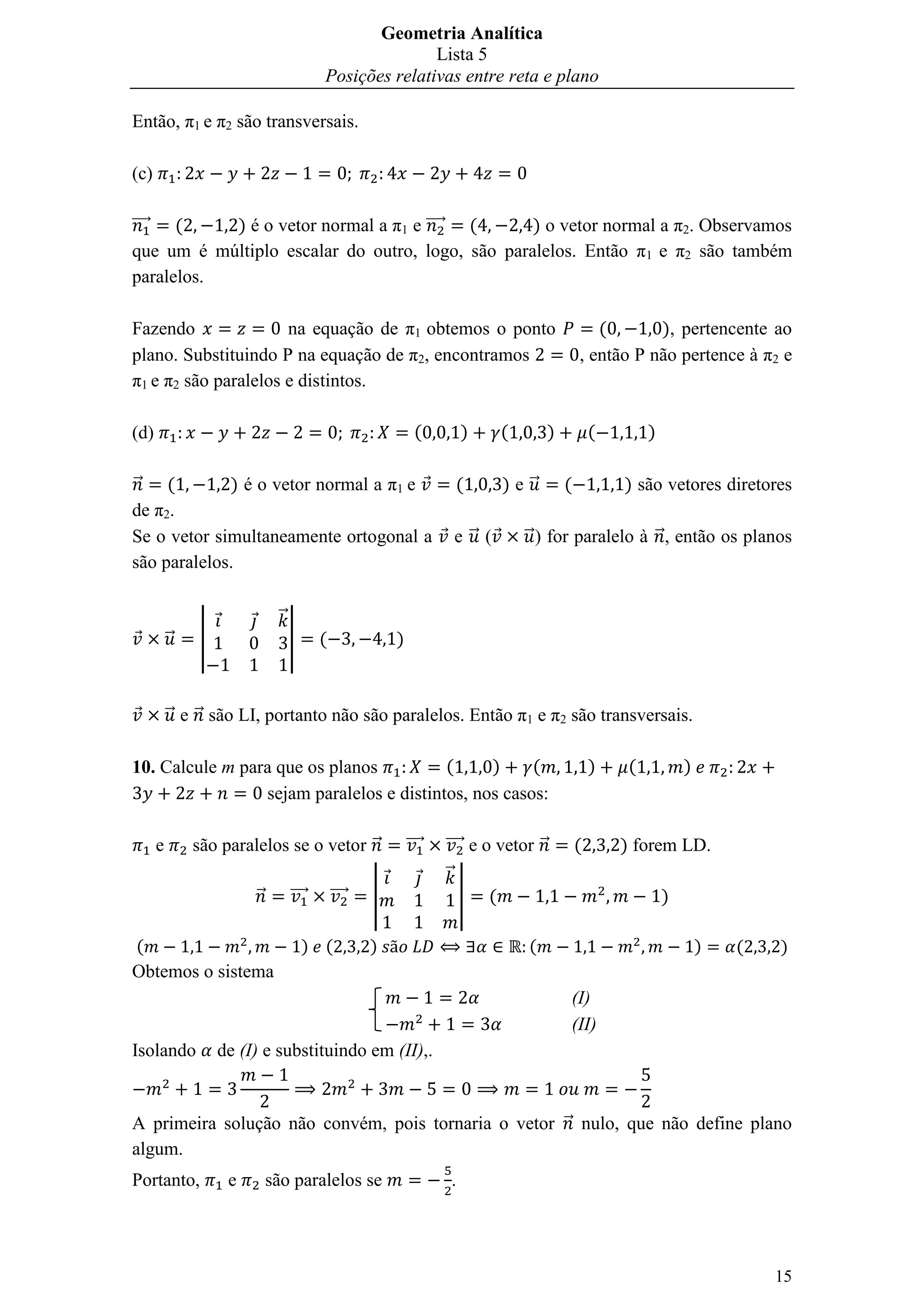 Lista de Exercícios sobre posição relativa entre reta e plano