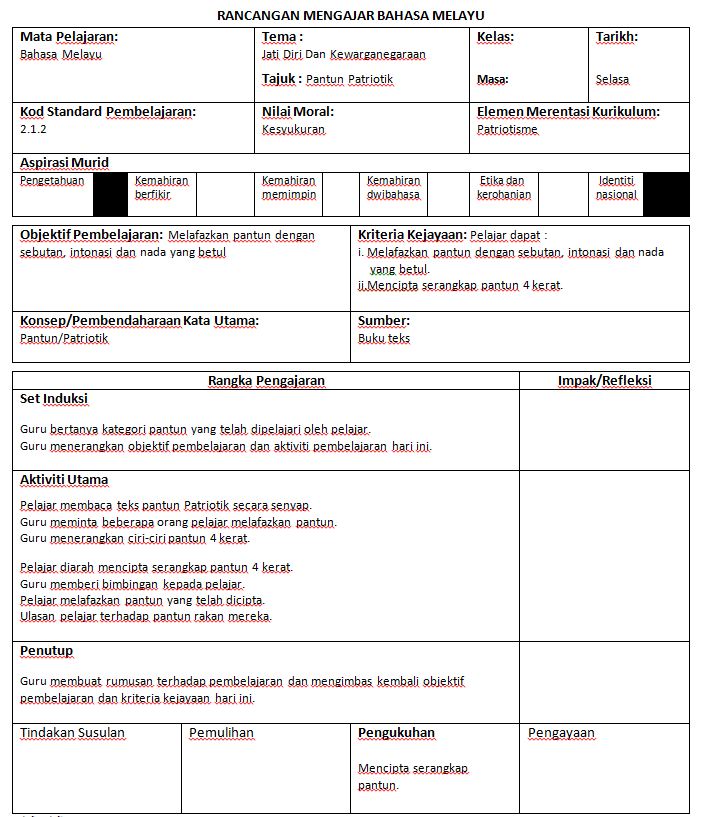 RPH KSSM Bahasa Melayu Pantun Patriotik