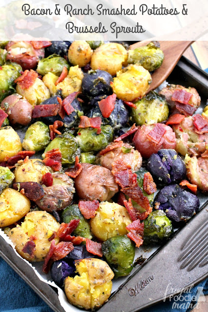 These crispy & flavorful Bacon & Ranch Smashed Potatoes & Brussels Sprouts will quickly become your new go-to side dish.