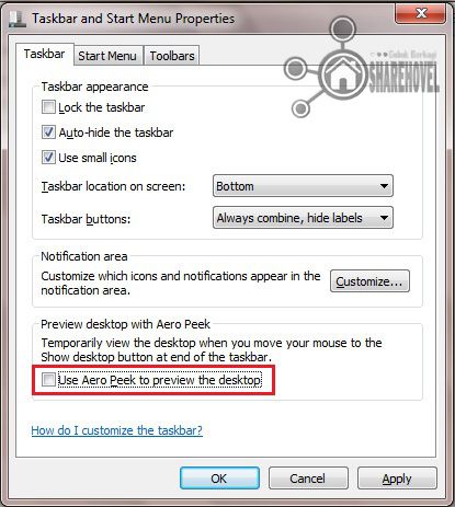 hilangkan tanda centang pada pilihan Use Aero Peek to preview desktop untuk menonaktifkan Aero Peek di windows 7 - Cara Mempercepat Kinerja Sistem Operasi Windows 7