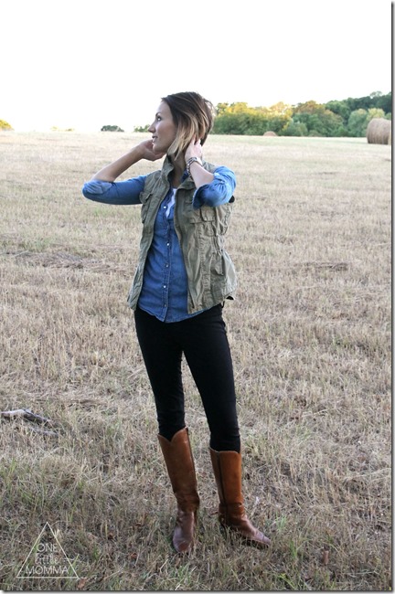 Easy and classic look for Fall- chambray shirt, utility vest, and tall boots. 