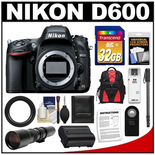 Nikon D600 Digital SLR Camera Body with 500mm Telephoto Lens + 32GB Card + Backpack + Battery + Monopod + Remote