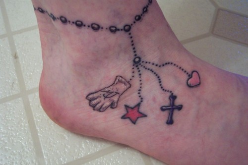 Ankle bracelet tattoo with heart cross star and glove