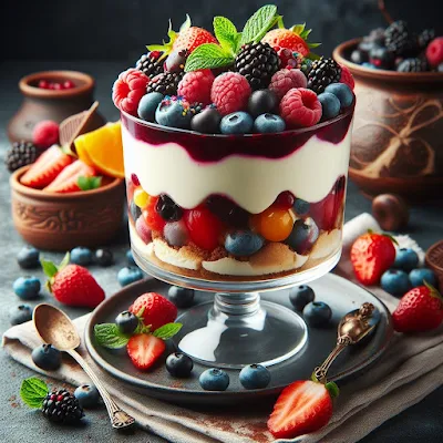 Auf dem Bild ist ein Dessertglas zu sehen. Es ist gefüllt mit einem fruchtigen Beeren-Tiramisu. Das ganze wurde mit Blaubeeren, Brombeeren, Erdbeeren und Himbeeren garniert.